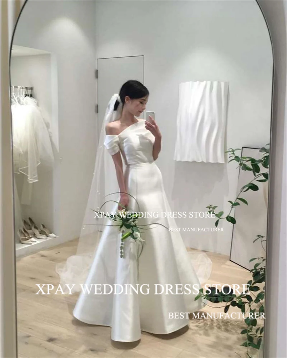 XPAY One Shoulder Korea Wedding Dresses Short Sleeve Simple Satin A Line Bride Gown Belt Corset Backless Bridal Party Gown