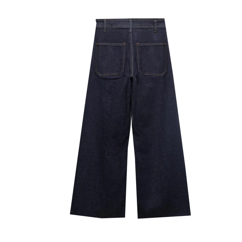 

Spring Autumn New Sle Women's Navy Wind ket Patch Decorated Straight Leg Jeans High Waist Zipper Closure Deep Blue Denim