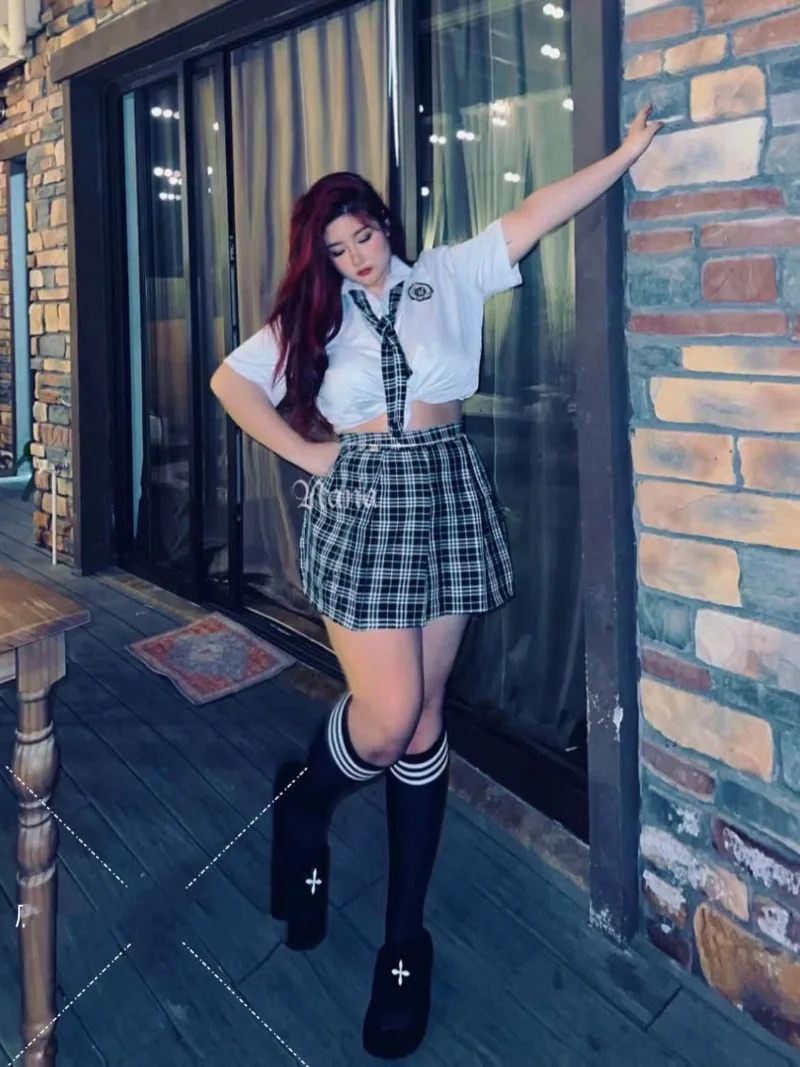 Women Sexy School Girl Uniform Plus Size Anime Lingerie Black Plaid Skirt Set Erotic Sex Role Play Outfit Kawaii Cosplay Costume