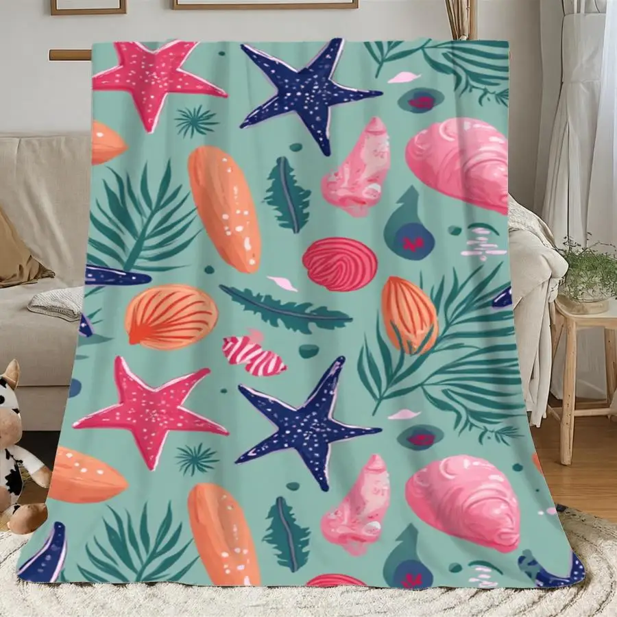 1pc Premium Warm Flannel Blanket with Cheerful Coastal Seashell And Starfish Pattern, Soft Mint-Green Decorative Throw for All Seasons, Perfect As Home Decoration And Holiday Gift Choice