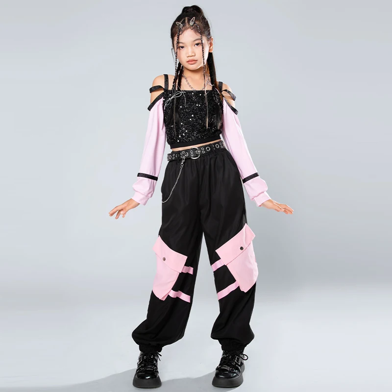 Novas crianças ternos de dança de salão crianças legal hip hop roupas meninas jazz dança traje kpop outfit rua dancewear xs8927