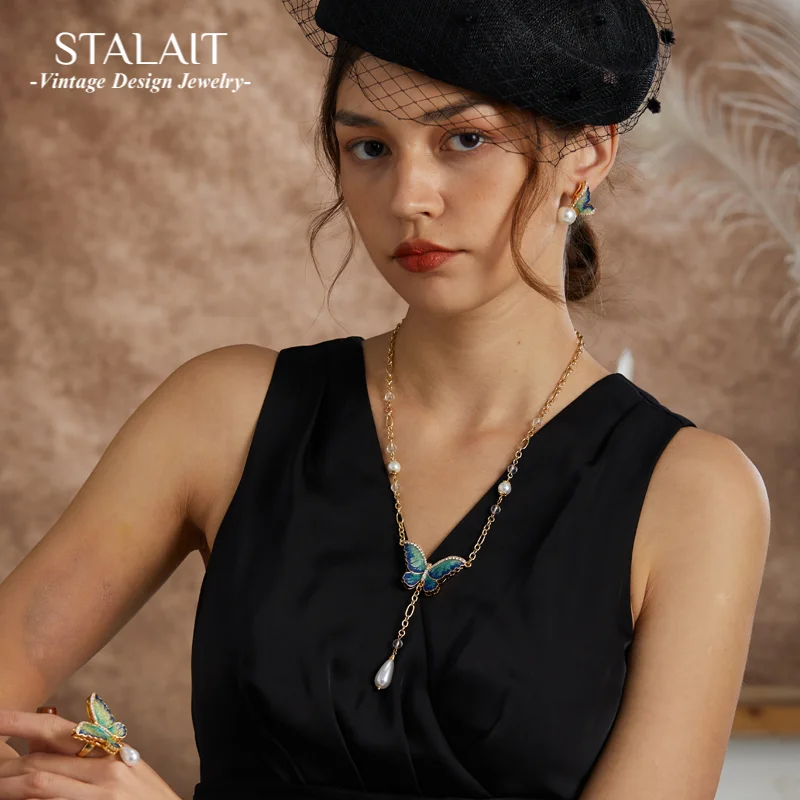 

Vintage Orchid Butterfly Necklace Blue Enamel Pendant Pearl Accessories For Women Quality Luxury Designer Jewelry Christmas Prom