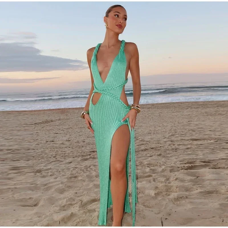 Vestido largo sexi de punto con abertura larga y espalda descubierta para mujer, vestidos verdes acanalados con cuello en V para mujer, batas de fiesta en la playa para verano 2025