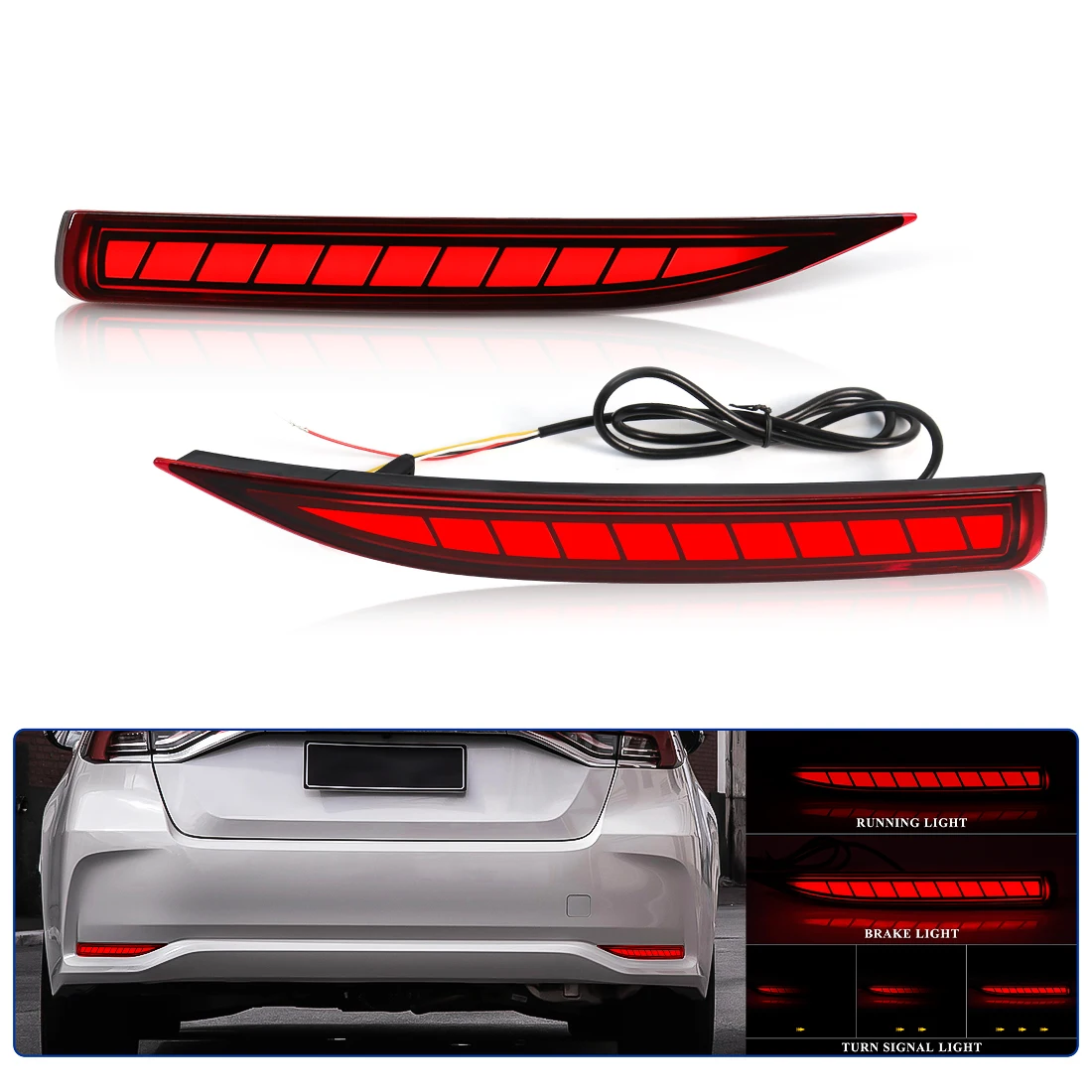 

3 Function Car LED Rear Bumper Reflector For Toyota Corolla 2019 Dynamic Turn Signal Indicators Lamp Driving Warning Brake Light