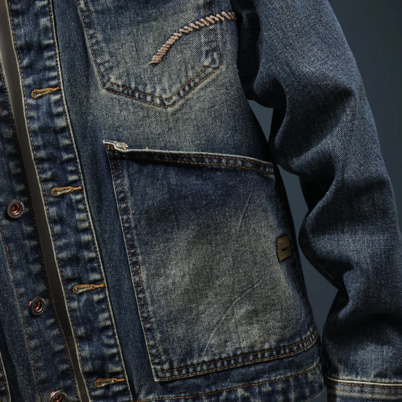 2024 New Fall Denim jacket men's fashion lapel loose retro multi-pocket washed nostalgic casual street clothes
