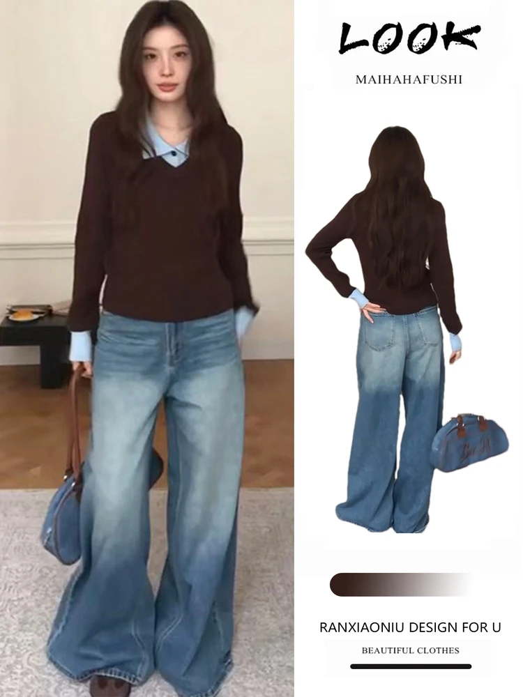 

Ретро-комплект для женщин: модный двухсоставный набор с джинсами с высокой талией, вязаным топом с длинным рукавом и отложным воротником, а также джинсами.