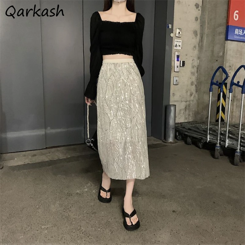 

Skirts Women A-Line Chic High Waist Mid-calf Elegant Ladies Fashion Sequined Side Slit Streetwear All-match Soft Slim Fit Unique