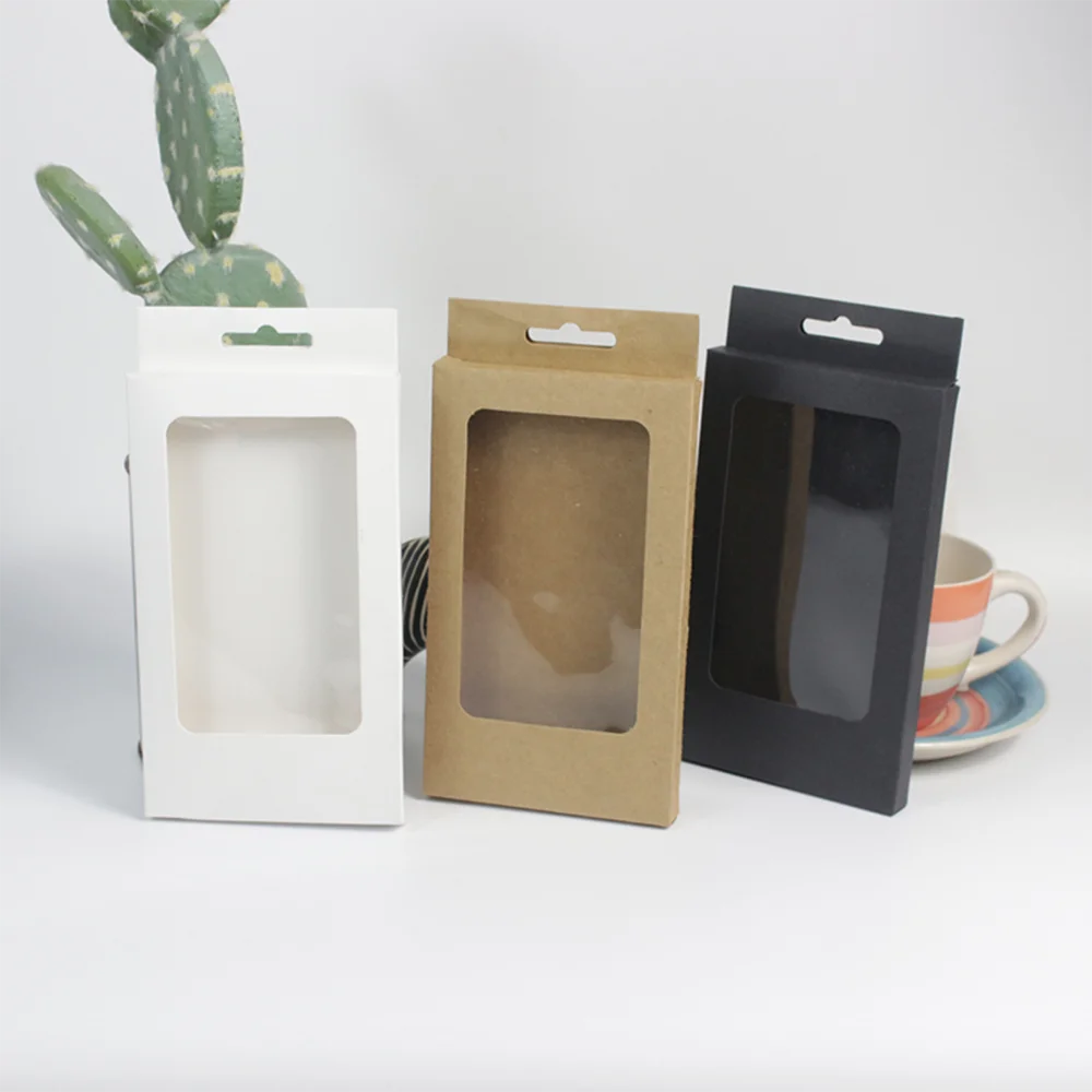 Transparent Window Box Carton Kraft Paper Jewelry Data Cable Display Box Phone Case Packaging Box 50Pcs/lot