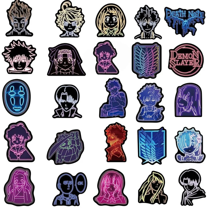 10/30/50PCS Neon Light Anime Stickers Mix Jujutsu Kaisen Attack on Titan Stickers DIY Car Phone Laptop Journal Sticker for Kids