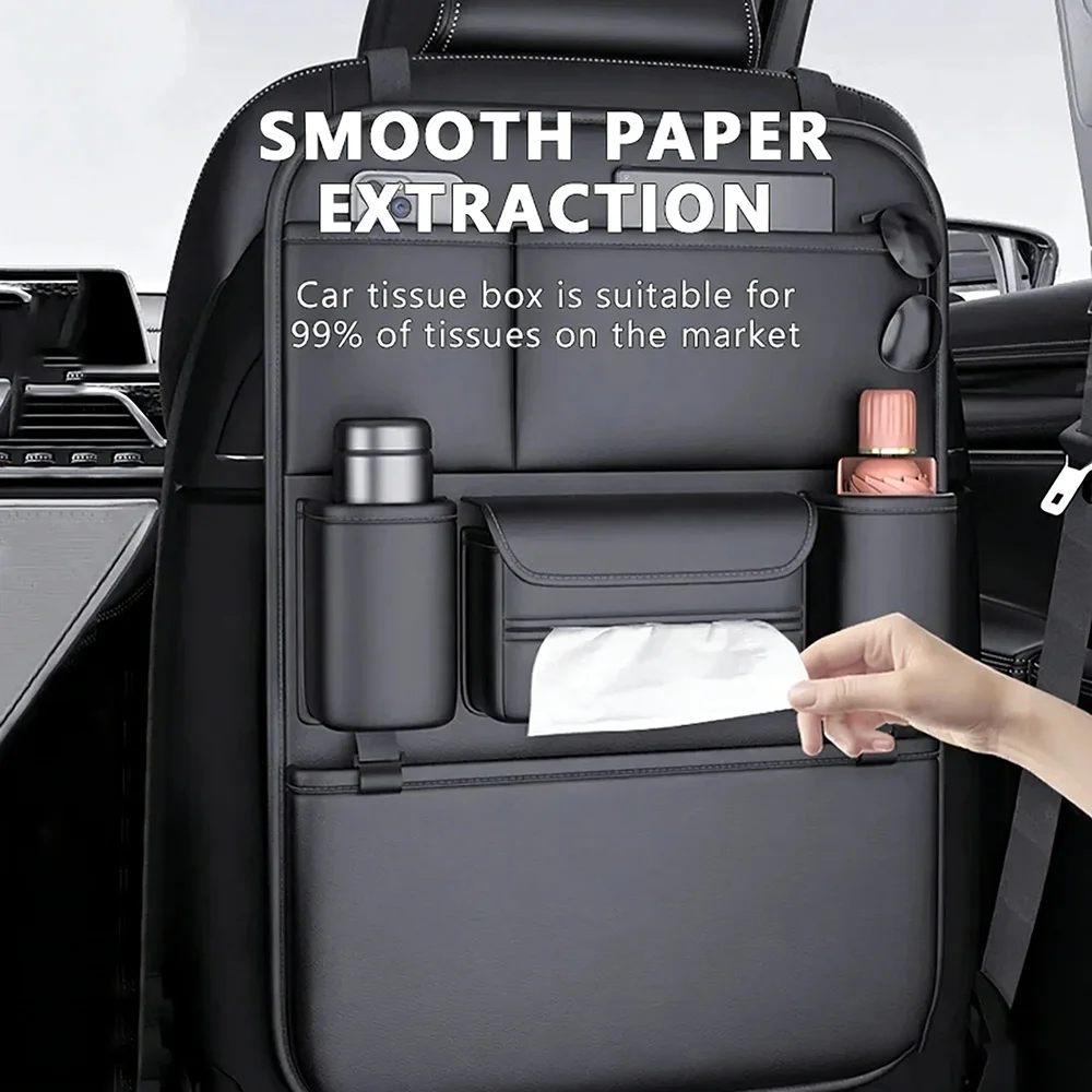 Car Seat Back Storage Bag Leather Waterproof Anti-Kick Pad 6-Pocket Wear-Resistant Car Backseat Organizer Tissue/Cup Holder