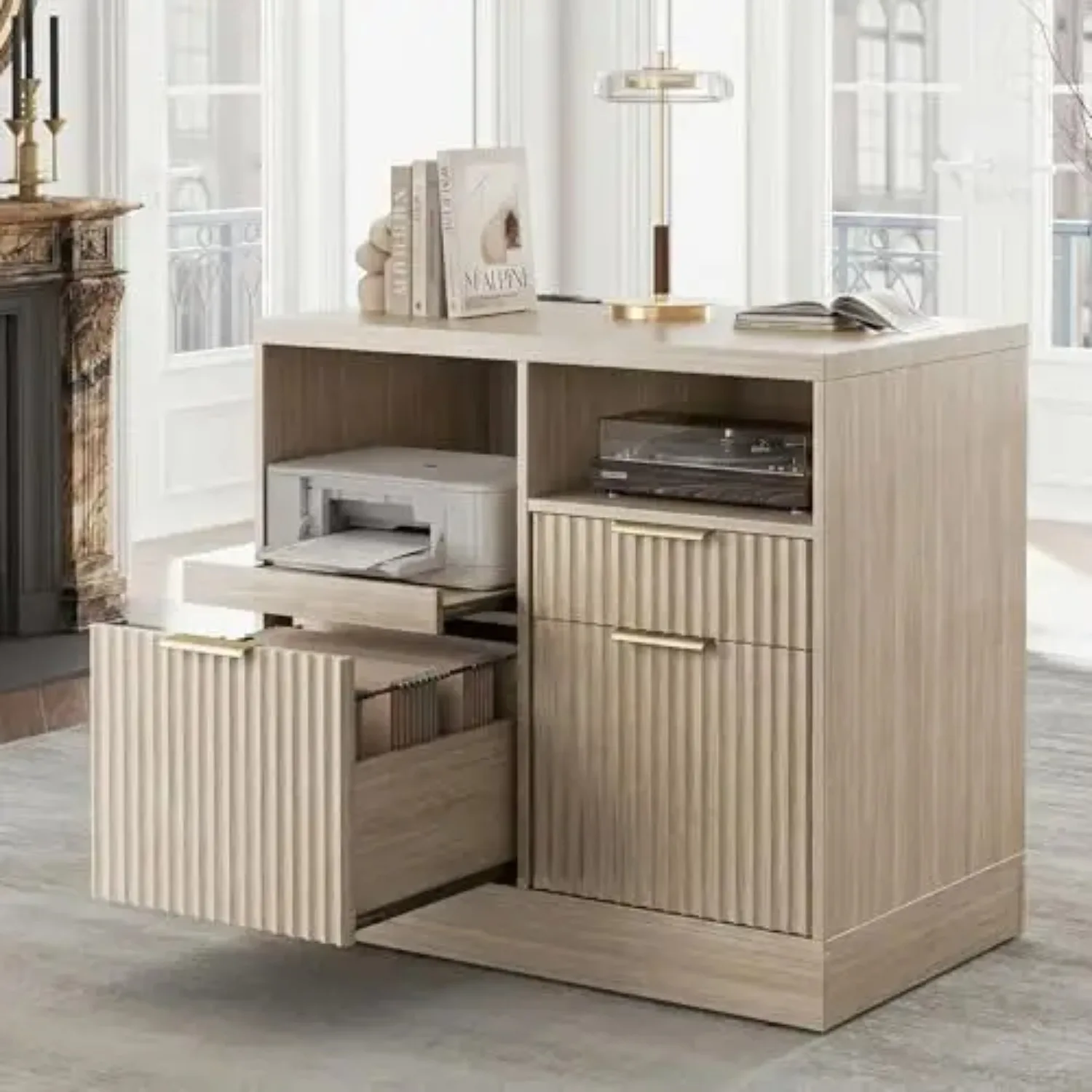 3 Drawer File Cabinet, Fluted Filing Cabinet for Home Office with Charging Station, Wooden Office Cabinet Fits for