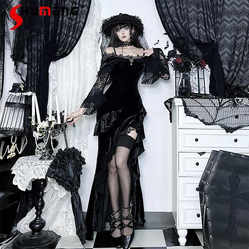 

Japanese Halloween Gothic Dark Black Velvet Dress Witch Cosplay Costume Slit Mermaid Dresses Lace Hot Girl Long Vestidos Mujer