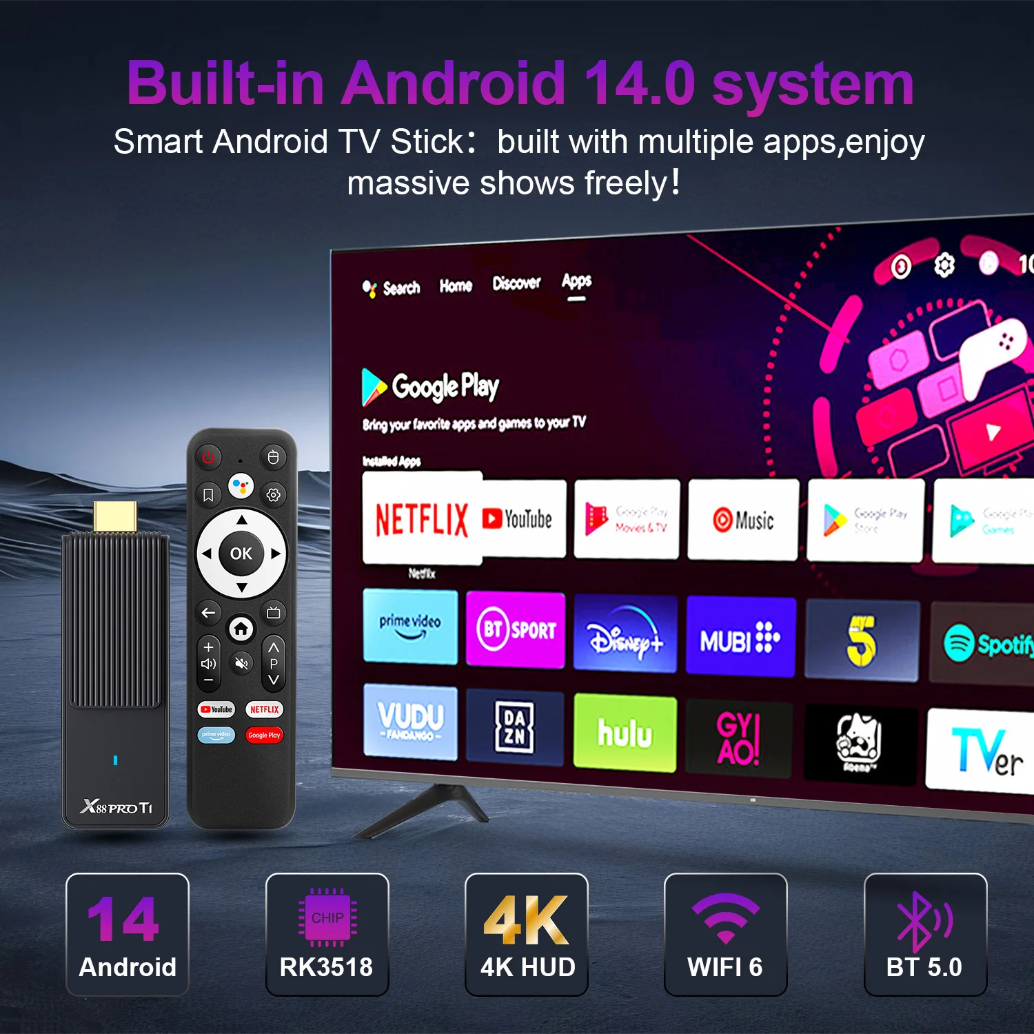 عصا التلفاز الذكية X88 PRO T1 Android TV Stick Android 14 RK3518 Wifi6 4K مشغل الوسائط صوت عن بعد مساعد جهاز التلفزيون العالمي