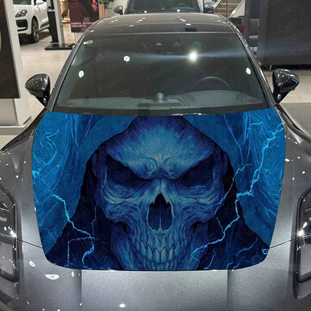

Blue Lightning Skull Dark Fantasy PVC Car Hood Wraps, Self-Adhesive Waterproof Car Bonnet Decal Sticker, Car Decoration Protecti
