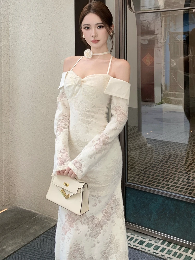 2025 Wit Kant Jacquard Chic Hals Gemonteerde Sexy Lange Jurk Vrouwen Koreaanse Mode Casual Jurk Herfst Elegante Bodycon Feestjurk
