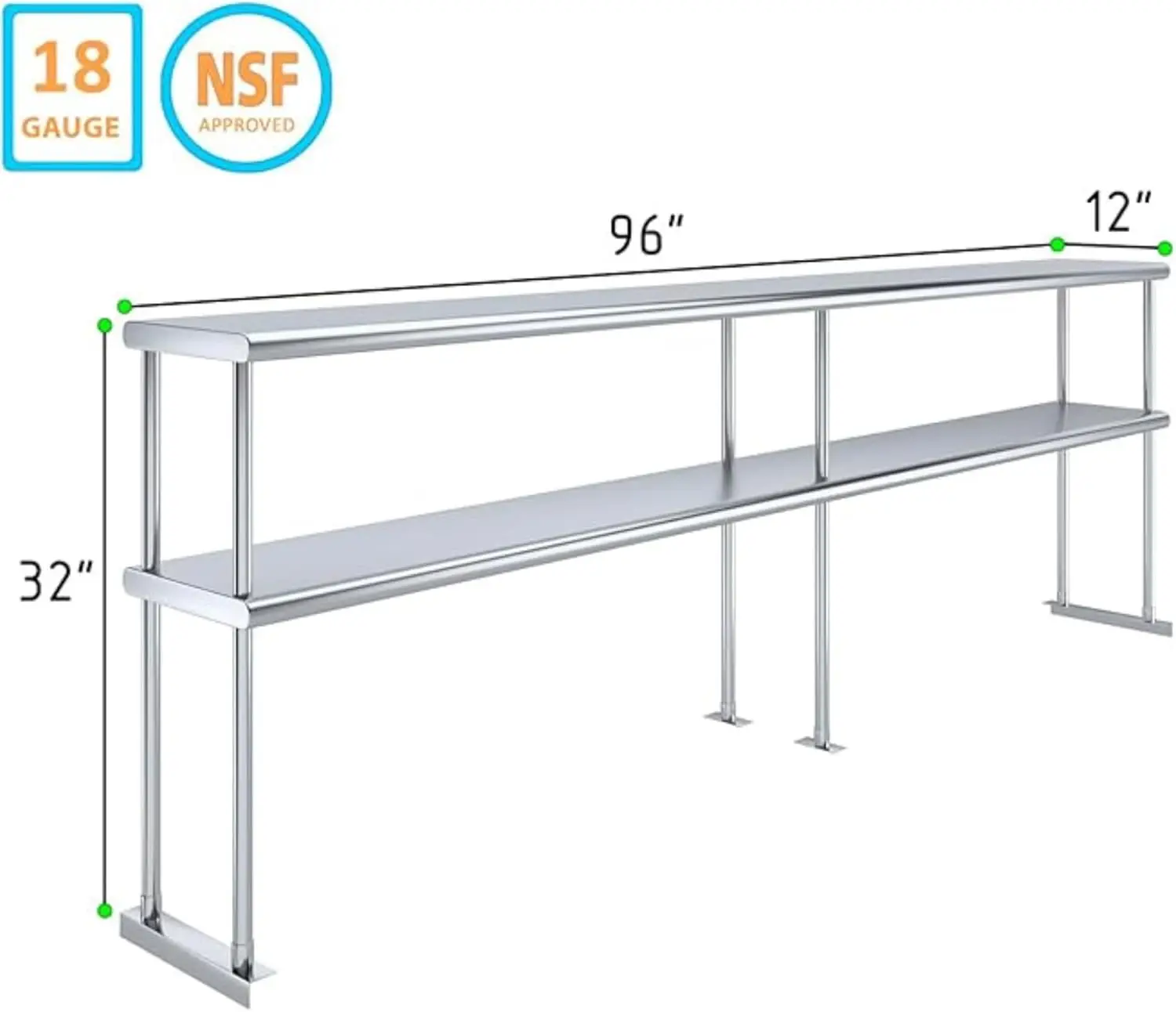 Heavy Duty Stainless Steel Double overshelf with Brackets for Kitchens, Utility Rooms, Storage, Offices & Home (96