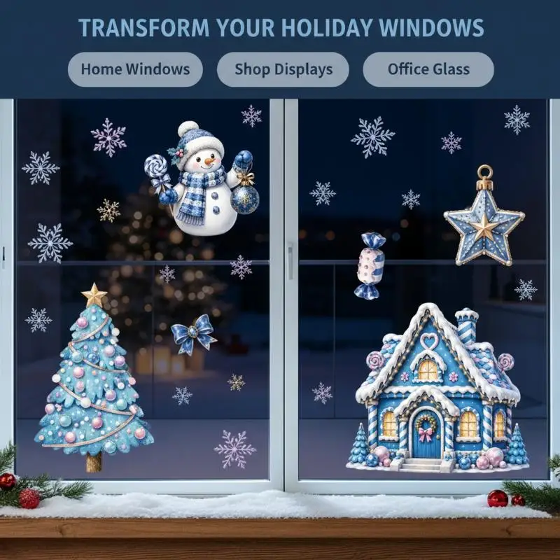 (Removable Christmas PVC Static Sticker Santa Elk Window Stickers Beautify Snowflake Wall Decals New Year Party Glass Dress Up)