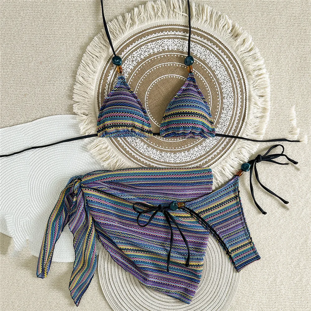 

Bead String Halter Triangle Bikinis Sets 3 Pieces Knitted Striped Swimwear Cove Ups Micro Thong Sexy Swimsuit Women 2026 Biquini