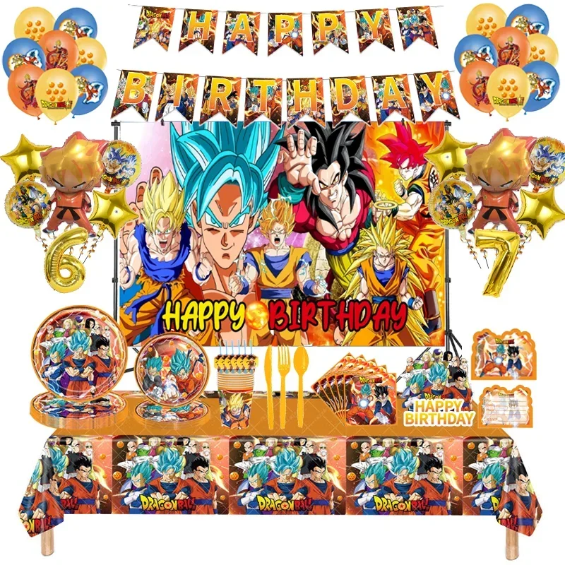 Tema de Dragon Ball Goku, decoraciones para fiesta de cumpleaños para niños, juego de vajilla, globos, telón de fondo, suministros para fiesta de