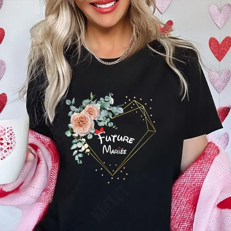 French Girls Bachelorette Party Tops Team Future Bride T-Shirt Short Sleeved Fashion Flower Crown Tees Bridal Wedding Shirt