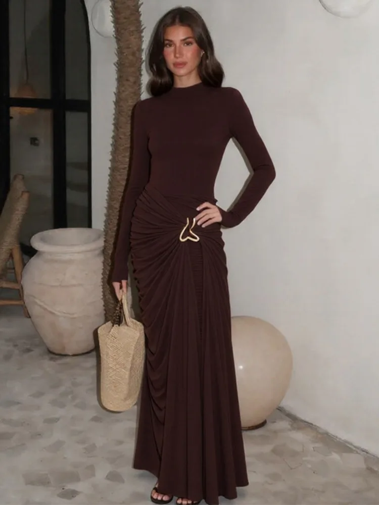 XIAOTANG Lange Mouw Ruches Sexy Maxi Jurk Vrouwen Jurk Elegante O Hals Hoge Taille Metalen Gesp Bodycon Club Party Lange Jurken