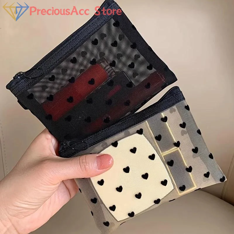 Transparent Mesh Makeup Bag Black Heart Pattern Cosmetic Pouch Smooth Zipper Travel Organizer for Toiletries and Daily Use