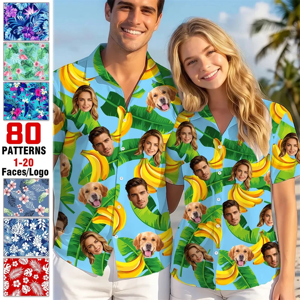 Personalized Custom Text & Face Aloha Shirt Multiple Tropical Leaf Flower Background Options DIY Family Dog Cat Face Party Shirt