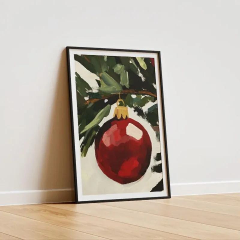 Vintage Red Christmas Bauble Canvas Wall Art Pine Branch Classic Winter Festive Xmas Holiday Wall Print Unframed Canvas Poster