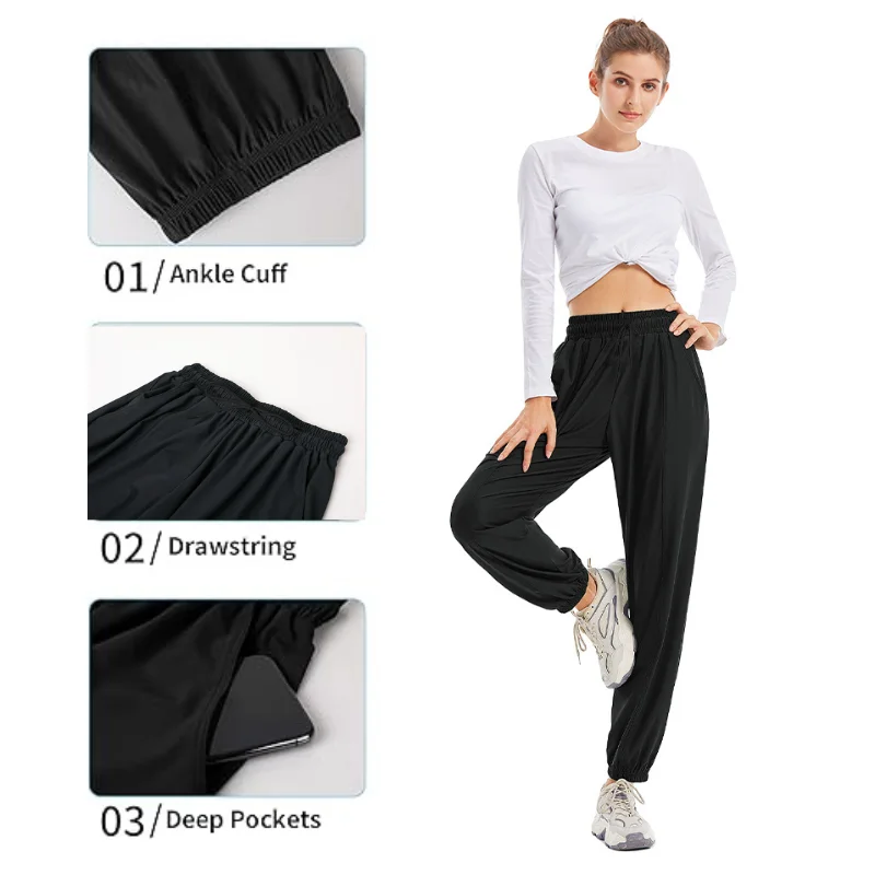 Anfilia Women Casual Pants Quick Dry High Elastic Waist with Drawstrings Pockets Ankle Cuff Loose Fitting Running Sports Pants image 3