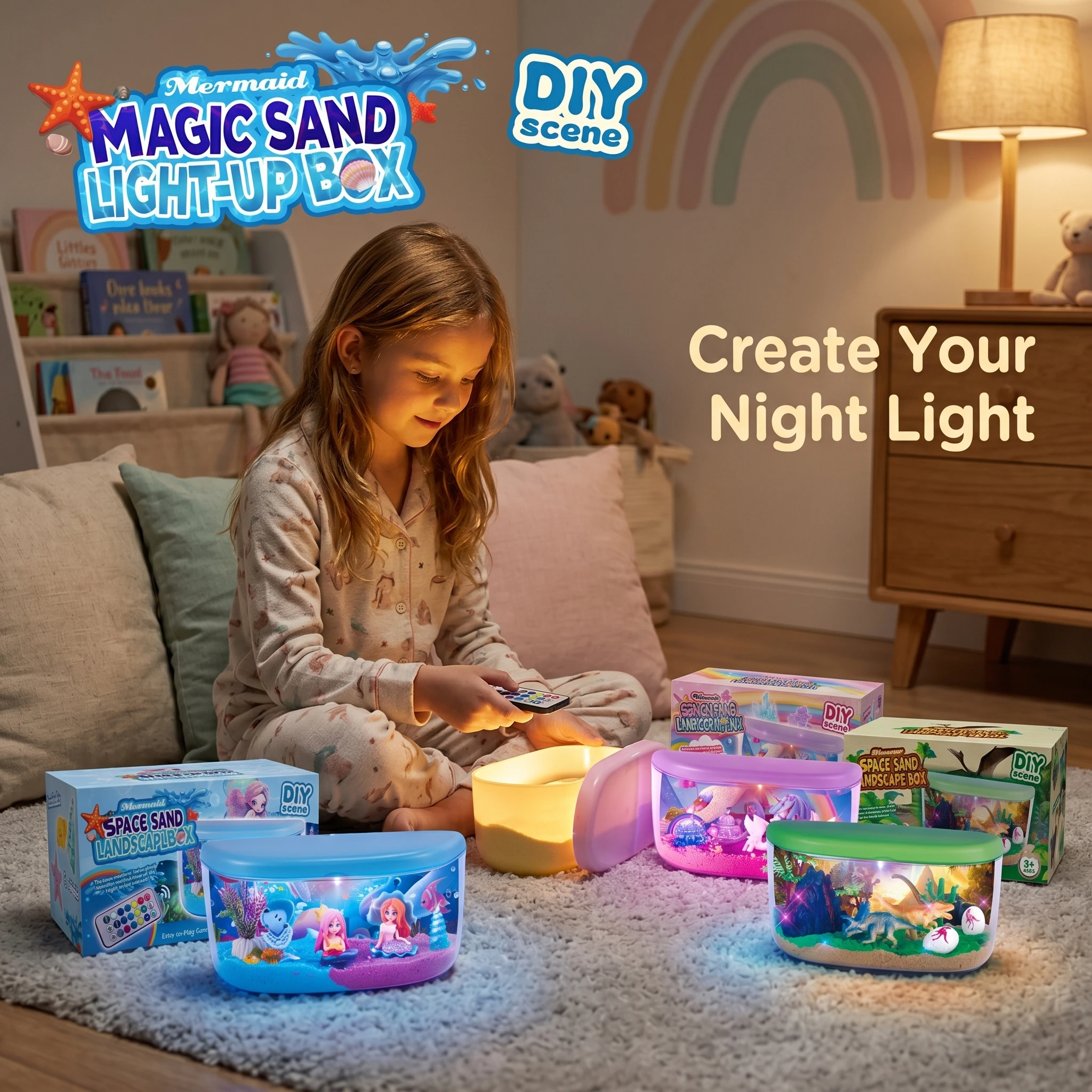 子供用diyダイナミックソファプラントボックスセット、ledナイトライトとリモコン付きマジックスペースサンドスケープボックス感覚工芸玩具