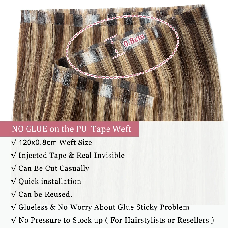 Long Weft Tape Bundles PU Skin Weft Tape in Human Extensions No Glue Natural Human Hair For Fine Hair 40-50G 12-24inch 80cm Weft