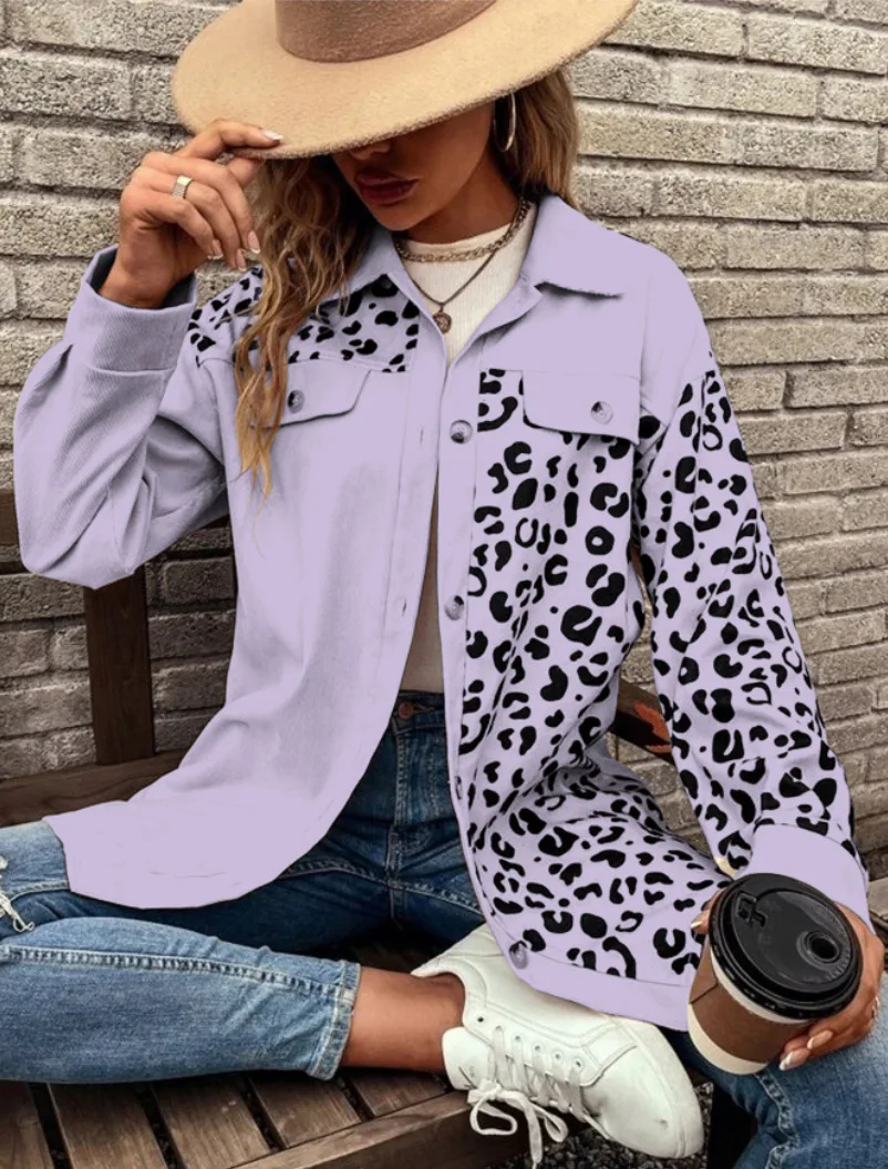 Leopard Print Color Block Jacket, Versatile Long Sleeve Single Breasted Outwear For Fall, Women's Clothing