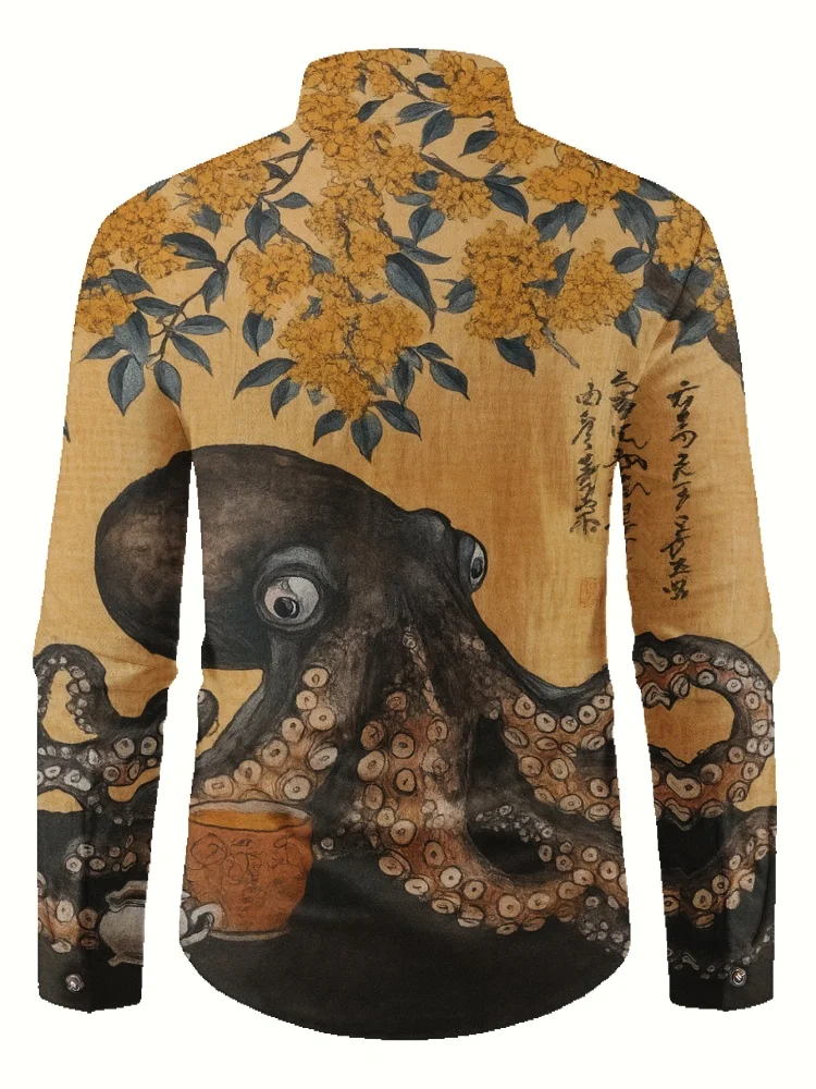 Mens Tops Vintage Ukiyo-E Octopus Ocean Wave Print Tunics Plus Size Mandarin Collar Multi Button Long Sleeve Beach Shirts