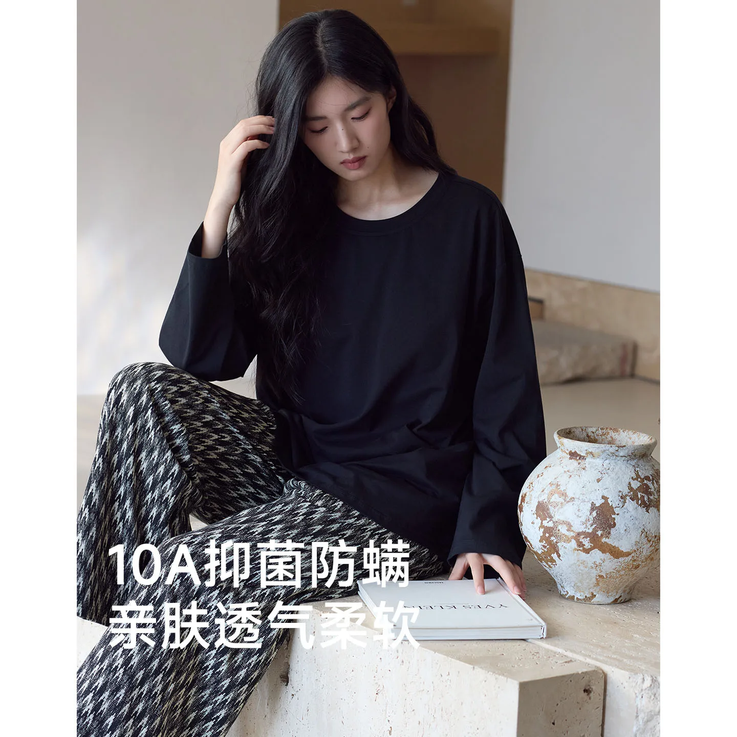 10A Antibacterial Pajama Women's Spring and Autumn New Long Sleeve Cotton Loose Large Size Fashion Outerwear Home Clothing Set