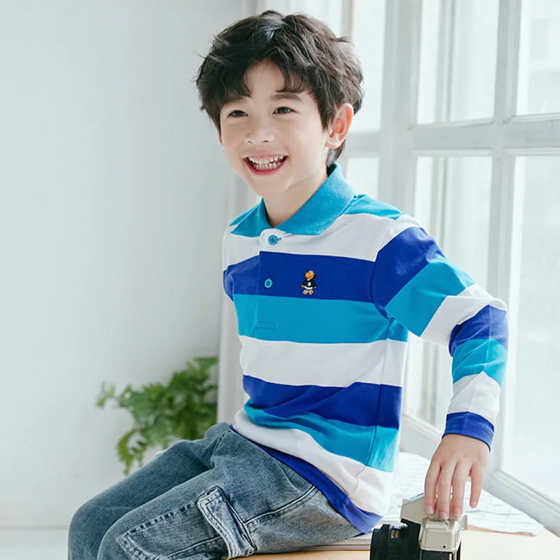 Spring Autumn Big Boys T Shirts 3-14Years Kids Classics Striped Lapel T-shirts Breathable Children Long Sleeve POLO Shirts