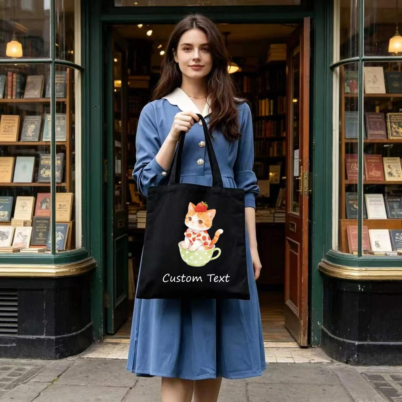 1PC Custom Canvas Tote Bag Cute Strawberry Cat In Teacup Print Custom Text Eco Reusable Shopping Shoulder Handbag
