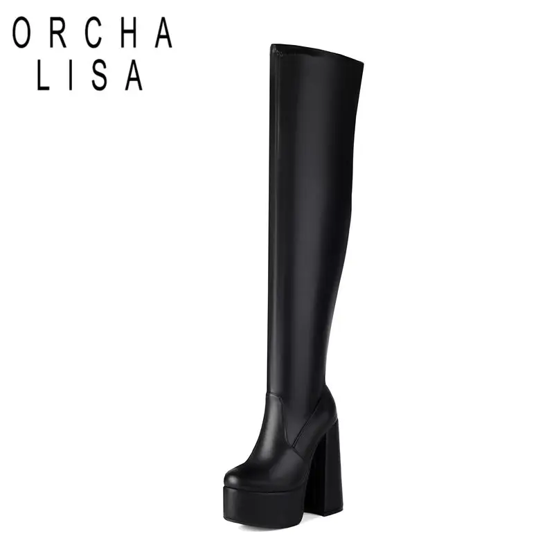 

ORCHA LISA 2025 Stretch Female Boots Round Toe Block Heels 14.5cm Platform 5cm Zipper Plus Size 45 46 47 Sexy Dating Party Bota