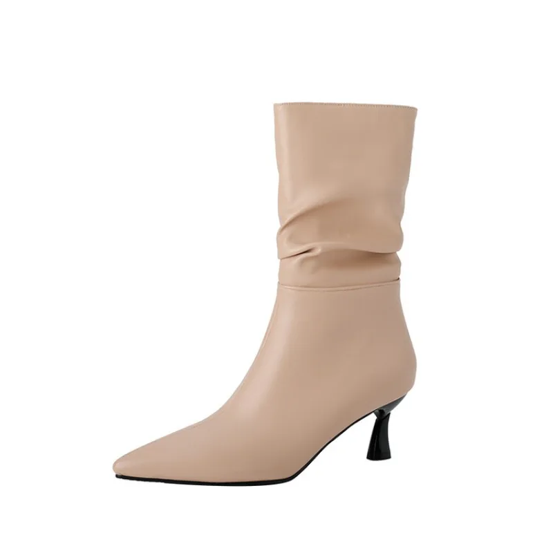 

Big sizeEuropean and American ankle boots with high heel and Pointed Toe winter boots for women Pleats simple and elegant