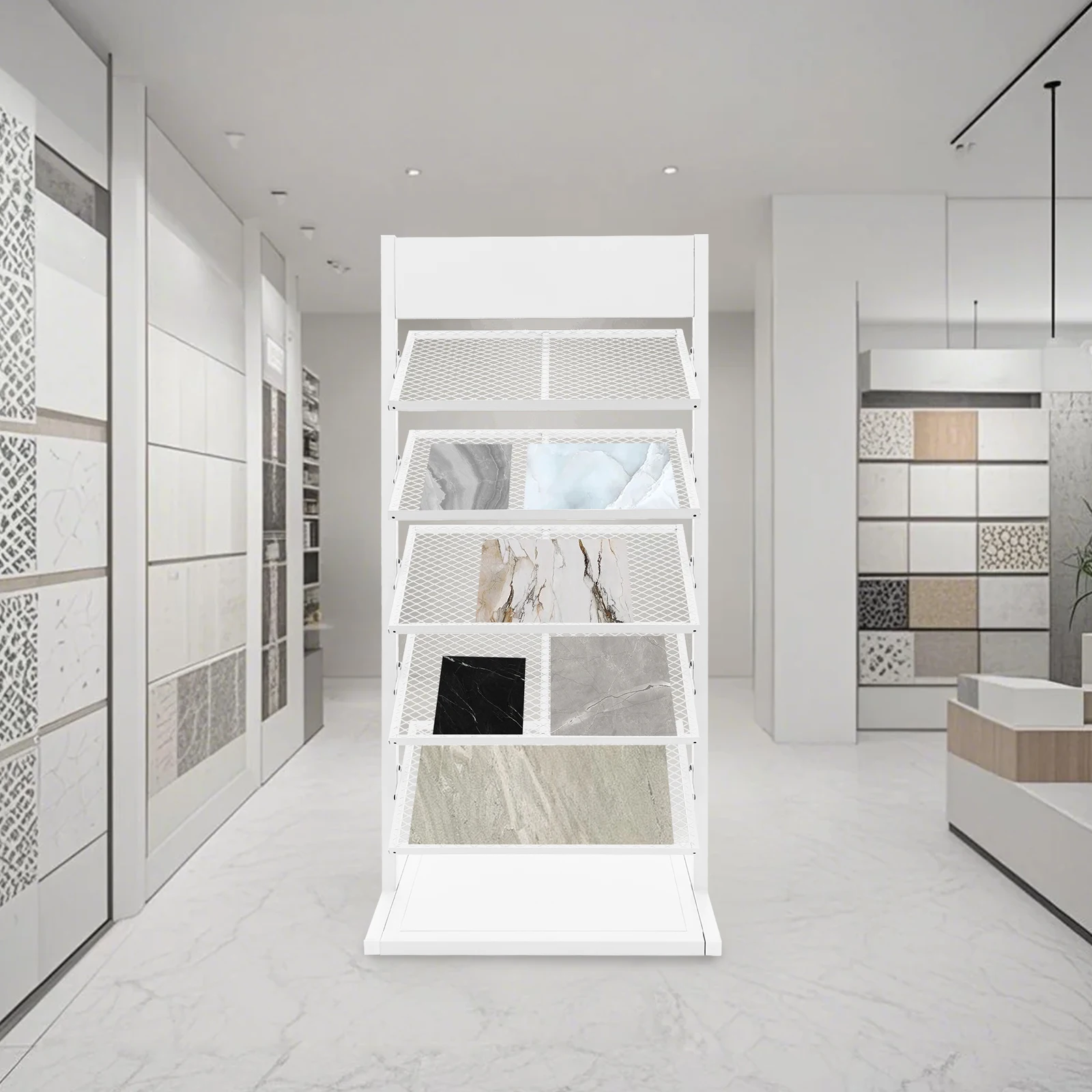 رف عرض بلاط حديدي مكون من 5 طبقات، منظم قائم على الأرض باللون الأبيض، حامل عينة من البورسلين السيراميكي ذو 5 أرفف، رف عينات ثقيل الوزن