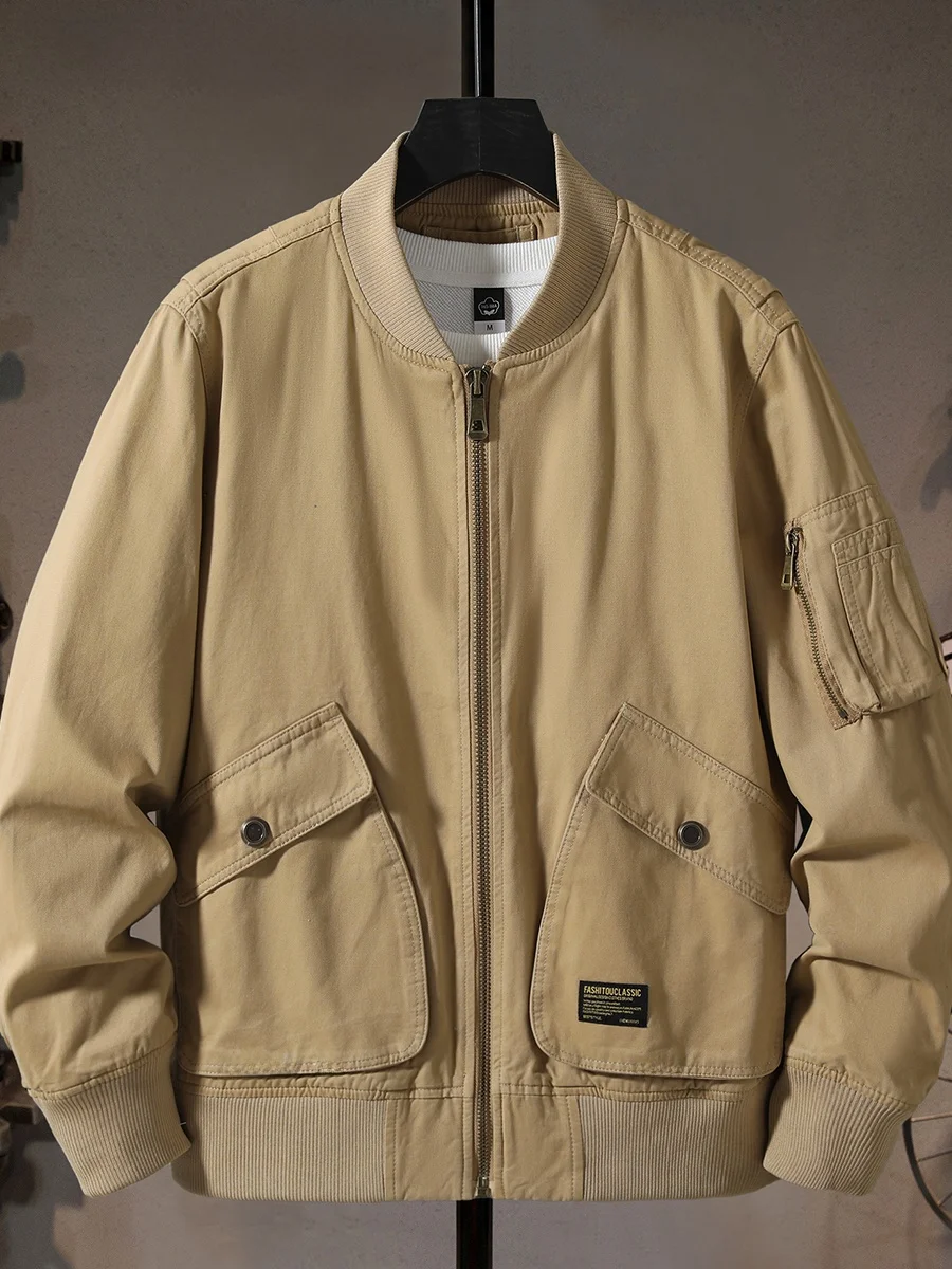 

Pure Cotton Khaki Stand Collar Workwear Jaet Men's Casual Retro MA Pilot Jaet Multi ket Leisure Faion Brand