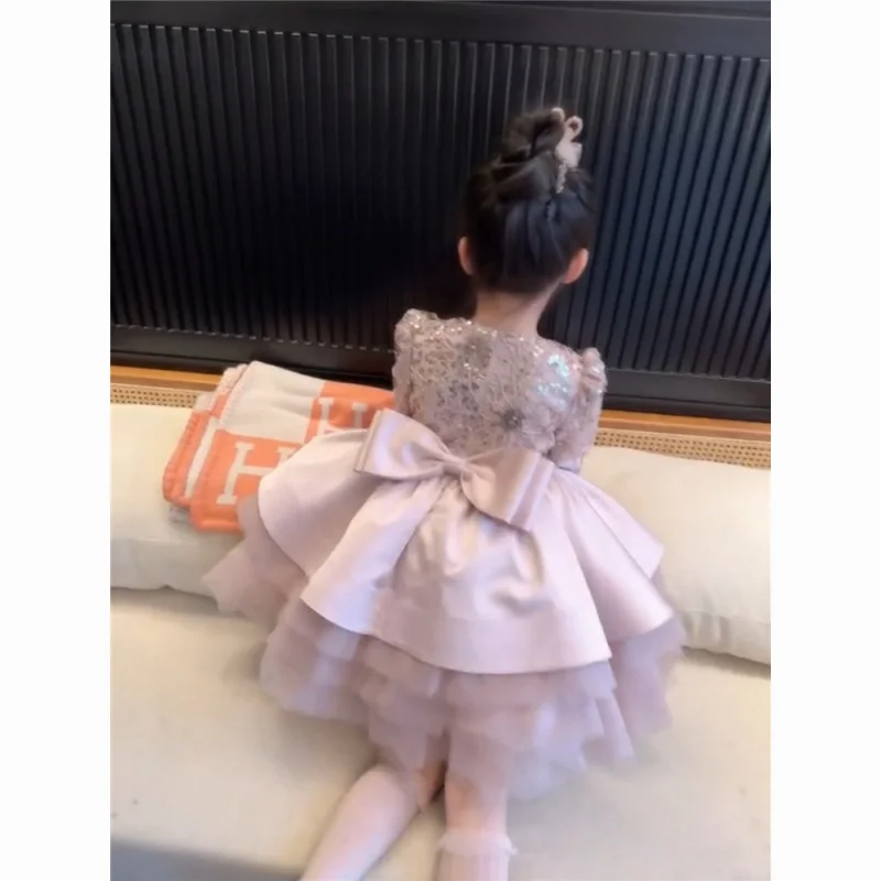 Girls' New Bowknot Heavy Sequin Beaded Embroidery Cake Birthday Dress Princess Dress