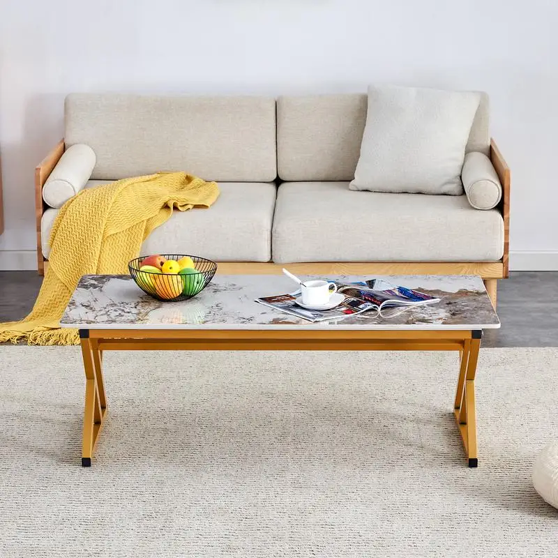 طاولة قهوة حديثة ذات بلاطة رخامية بأرجل معدنية ذهبية - لهجة أنيقة لغرفة المعيشة - 47 × 23.6 بوصة