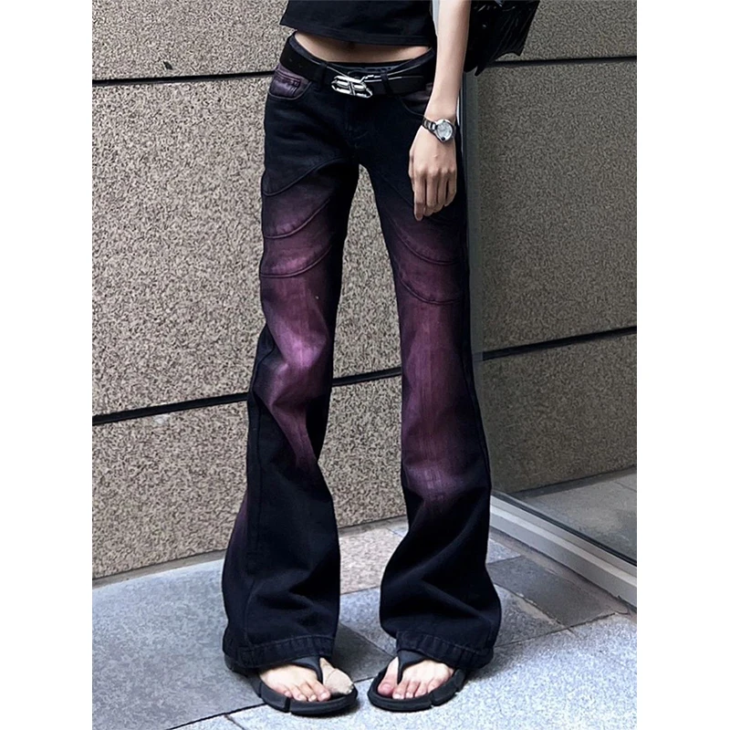 Fashion Purple Gradient Tie Dye Micro Flared Y2K Baggy Jeans Women Streetwear Vintage Wash  High Waist Straight Leg Pants Lady