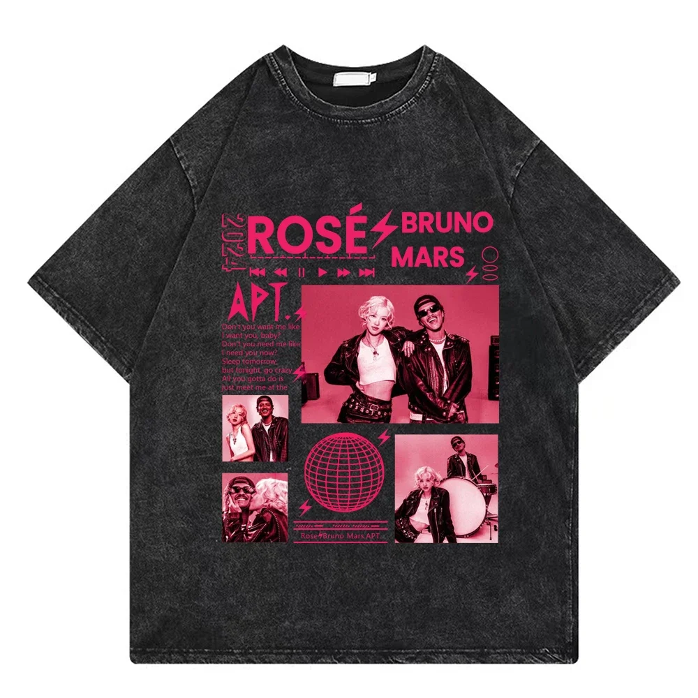 Retro Vintage Rose Rosie Album T-Shirt  2024 new SONG APT.Rose Bruno Mars APT Washed Shirts Women Rosé Fan Gift