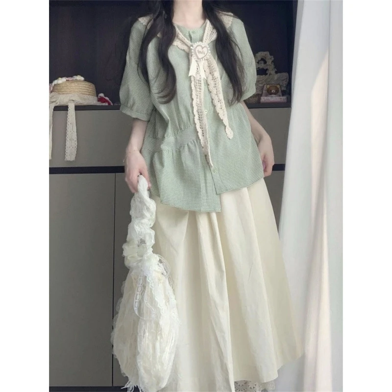 تنورة Sweet Japanese Sle College Faion للسيدات صيفية Ort Sve Irt وF طقم مكون من قطعتين بخصر عالٍ على شكل حرف a Dr