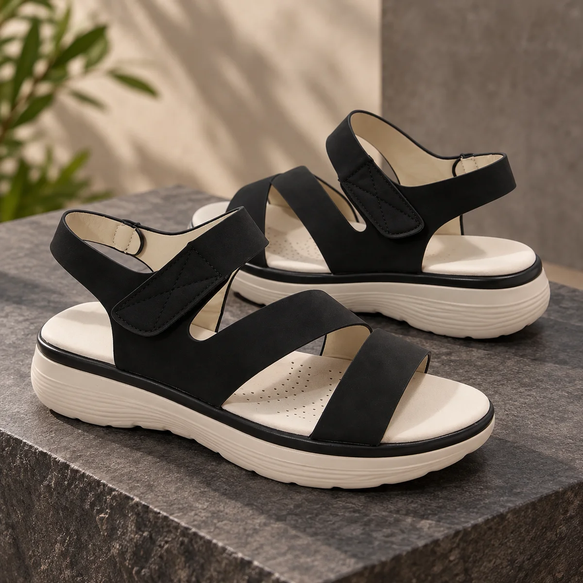 Women Open Toe Platform Sandals, Three Strap Adjustable Back Strap Walking Sandals