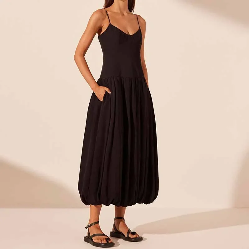 Women Cami Dress Solid Color Sleeveless Spaghetti Strap Backless Long Dress Summer Casual Dress