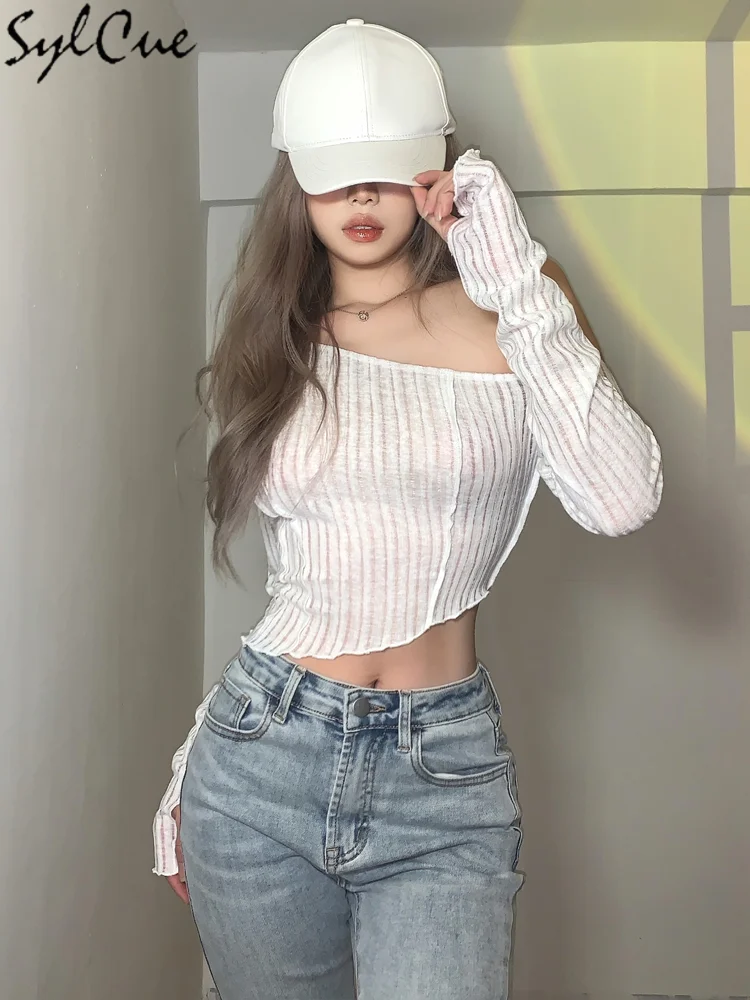 Sylcue Classic Retro All-Match Commuter Strapless Beveled Solid Color Transparent Strip Loose Elastic Slim Women's Short Top