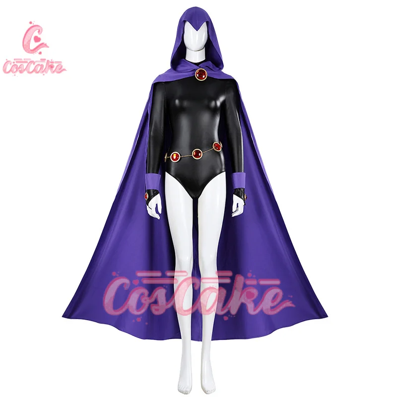 

New Teen Titans Super Hero Raven Cosplay Costume Women Black Bodysuit Purple Hooded Cloak Jumpsuits Halloween Party Costume