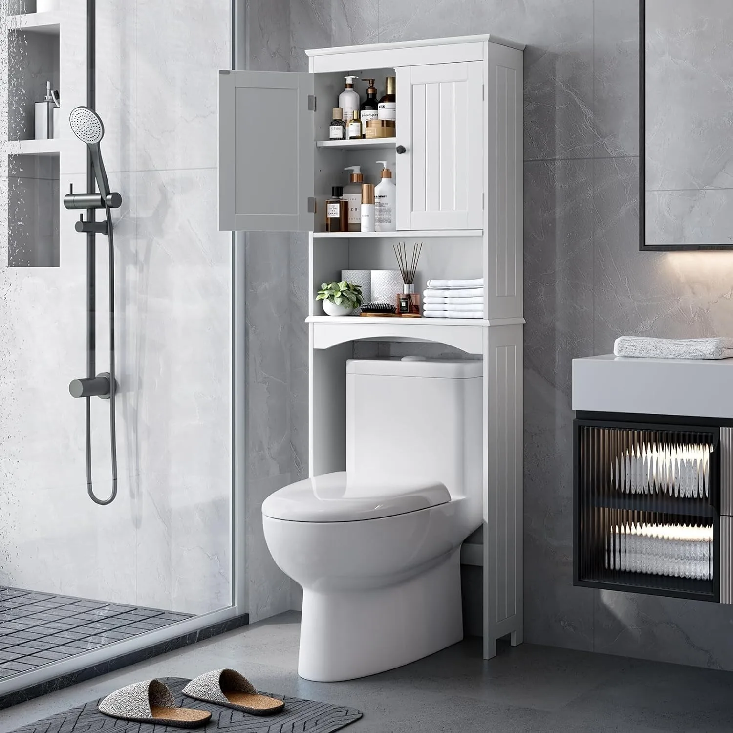 

Storage cabinet above toilet, with open shelf, adjustable shelf, and double door storage rack - white